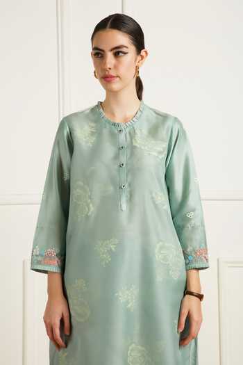 Buy_Arcvsh By Pallavi Singh_Green Silk, Chanderi, Organza Embroidery Mint Double Layer Tunic And Pants Set _Online_at_Aza_Fashions