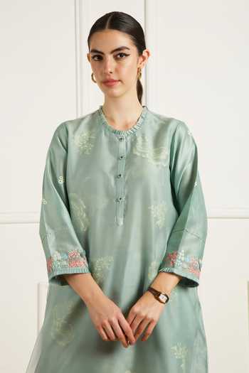 Shop_Arcvsh By Pallavi Singh_Green Silk, Chanderi, Organza Embroidery Mint Double Layer Tunic And Pants Set _Online_at_Aza_Fashions