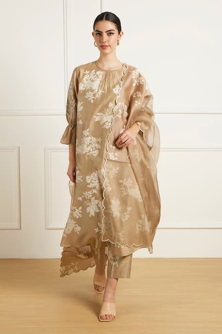 Shop_Arcvsh By Pallavi Singh_Beige Silk, Chanderi Embroidery Round Neck Discharge Print Kurta Set _Online_at_Aza_Fashions