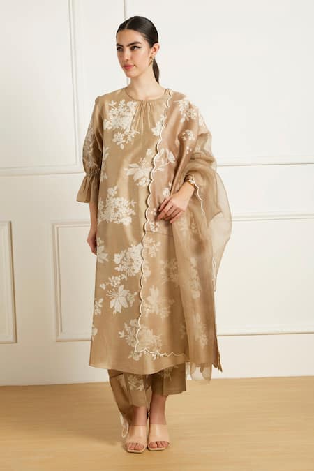 Shop_Arcvsh By Pallavi Singh_Beige Silk, Chanderi, Organza Embroidery Round Neck Discharge Print Kurta Set _Online_at_Aza_Fashions