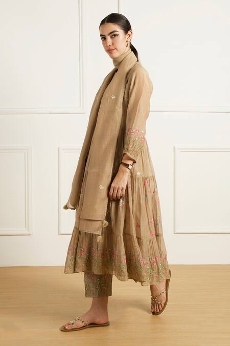Arcvsh By Pallavi Singh_Beige Chanderi, Silk Embroidery Round Neck Gathered Anarkali Set _Online_at_Aza_Fashions