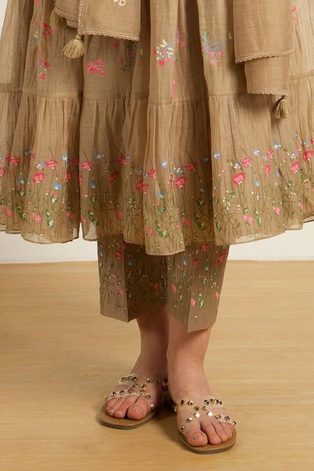 Buy_Arcvsh By Pallavi Singh_Beige Chanderi, Silk Embroidery Round Neck Gathered Anarkali Set _Online_at_Aza_Fashions