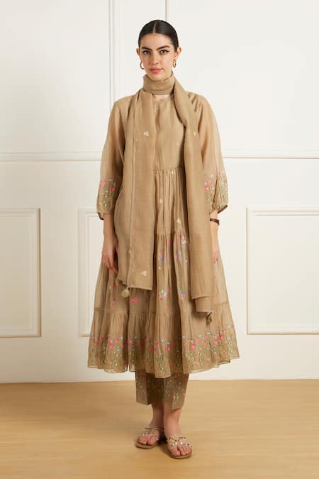 Shop_Arcvsh By Pallavi Singh_Beige Chanderi, Silk Embroidery Round Neck Gathered Anarkali Set _Online_at_Aza_Fashions
