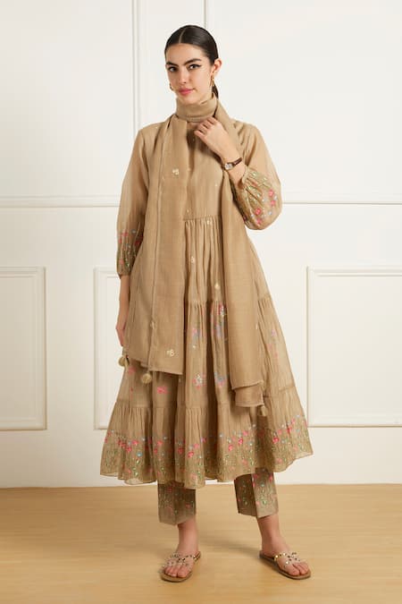 Arcvsh by Pallavi Singh Beige Gathered Anarkali Set 