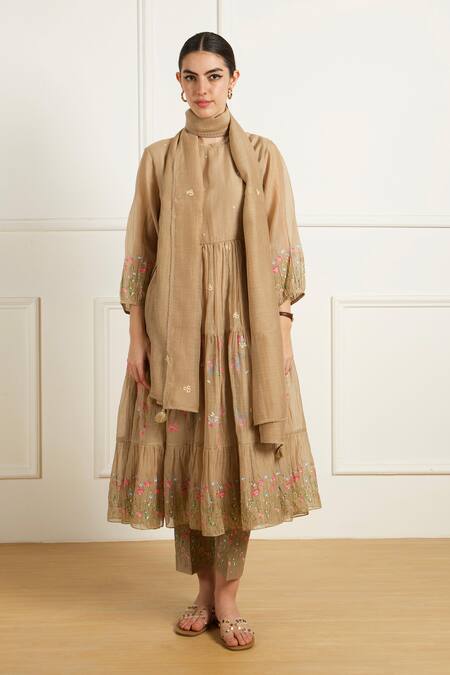 Arcvsh By Pallavi Singh Beige Chanderi, Silk Embroidery High Neck Gathered Anarkali Set With Pants Online at Aza Fashions Arcvsh By Pallavi Singh_Beige Chanderi, Silk Embroidery High Neck Gathered Anarkali Set With Pants _Online_at_Aza_Fashions