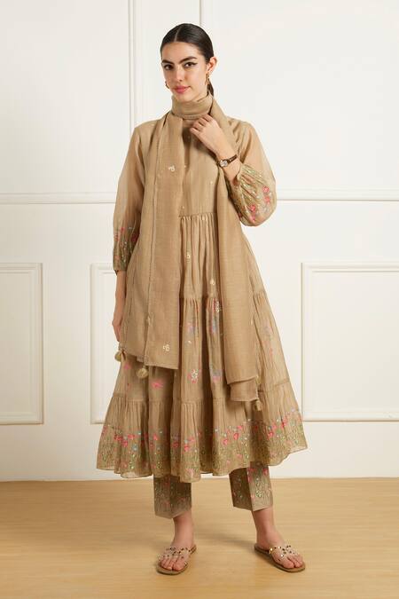 Buy Arcvsh By Pallavi Singh Beige Chanderi, Silk Embroidery High Neck Gathered Anarkali Set With Pants Online at Aza Fashions Buy_Arcvsh By Pallavi Singh_Beige Chanderi, Silk Embroidery High Neck Gathered Anarkali Set With Pants _Online_at_Aza_Fashions