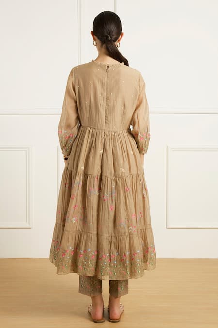 Shop Arcvsh By Pallavi Singh Beige Chanderi, Silk Embroidery High Neck Gathered Anarkali Set With Pants at Aza Fashions Shop_Arcvsh By Pallavi Singh_Beige Chanderi, Silk Embroidery High Neck Gathered Anarkali Set With Pants _at_Aza_Fashions