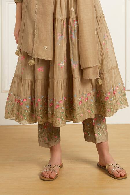 Shop Arcvsh By Pallavi Singh Beige Chanderi, Silk Embroidery High Neck Gathered Anarkali Set With Pants Online at Aza Fashions Shop_Arcvsh By Pallavi Singh_Beige Chanderi, Silk Embroidery High Neck Gathered Anarkali Set With Pants _Online_at_Aza_Fashions