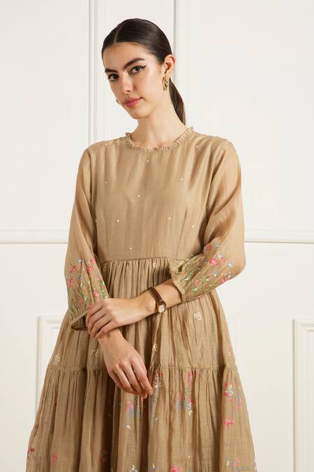 Arcvsh By Pallavi Singh Beige Chanderi, Silk Embroidery High Neck Gathered Anarkali Set With Pants at Aza Fashions Arcvsh By Pallavi Singh_Beige Chanderi, Silk Embroidery High Neck Gathered Anarkali Set With Pants _at_Aza_Fashions