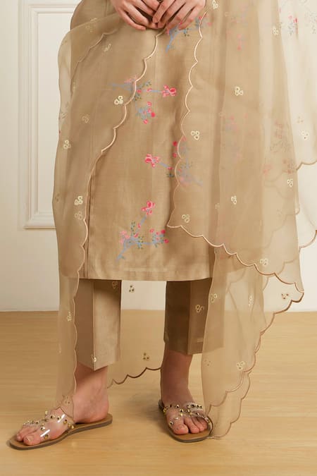 Shop_Arcvsh By Pallavi Singh_Beige Silk, Chanderi Embroidery Round Neck Front Pleats Tunic And Pants Set _Online_at_Aza_Fashions