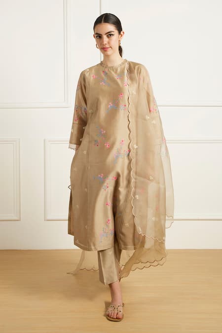 Shop_Arcvsh By Pallavi Singh_Beige Silk, Chanderi, Organza Embroidery Round Neck Kurta Set _Online_at_Aza_Fashions