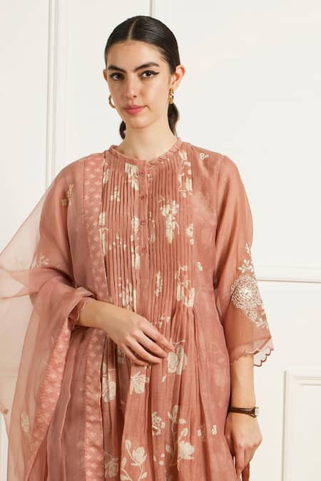 Arcvsh By Pallavi Singh_Peach Chanderi, Silk, Organza Embroidery Round Pleated Tunic And Printed Pants Set _Online_at_Aza_Fashions