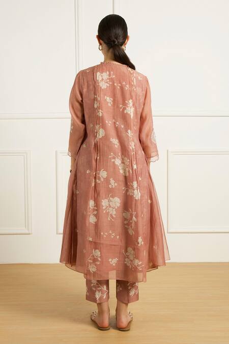 Arcvsh By Pallavi Singh Peach Pleated Tunic & Printed Pants Set 