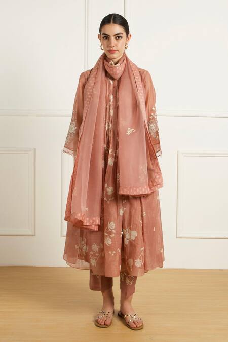 Buy_Arcvsh By Pallavi Singh_Peach Chanderi, Silk, Organza Embroidery Round Pleated Tunic And Printed Pants Set _Online_at_Aza_Fashions