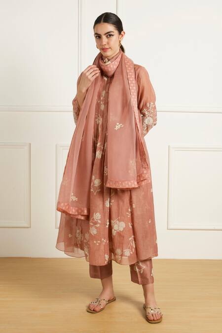 Shop_Arcvsh By Pallavi Singh_Peach Chanderi, Silk, Organza Embroidery Round Pleated Tunic And Printed Pants Set _Online_at_Aza_Fashions