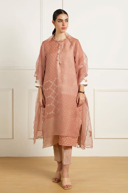 Arcvsh By Pallavi Singh_Peach Linen, Organza Embroidery Round Double Layer Tunic And Printed Pants Set _Online_at_Aza_Fashions