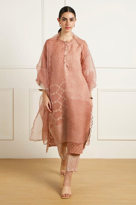 Buy_Arcvsh By Pallavi Singh_Peach Linen, Organza Embroidery Round Double Layer Tunic And Printed Pants Set _Online_at_Aza_Fashions