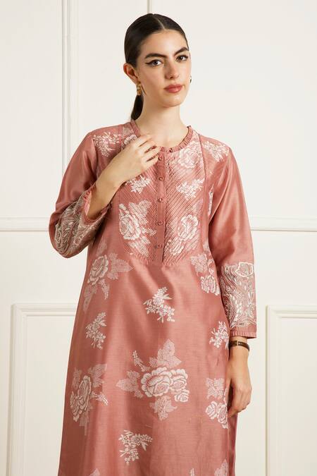Shop_Arcvsh By Pallavi Singh_Peach Silk, Chanderi Embroidery Round Neck Almond Discharge Print Kurta Set _Online_at_Aza_Fashions