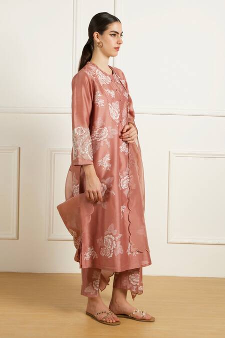 Buy_Arcvsh By Pallavi Singh_Peach Silk, Chanderi Embroidery Round Neck Almond Discharge Print Kurta Set 