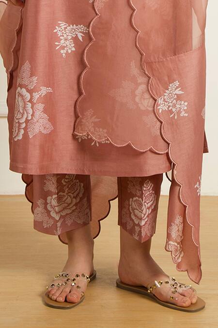 Arcvsh By Pallavi Singh_Peach Silk, Chanderi, Organza Lace, Embroidery Round Discharge Print Kurta Set _Online_at_Aza_Fashions