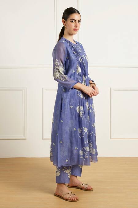 Arcvsh By Pallavi Singh_Blue Muslin, Silk Embroidery Round Twilight Pleated Tunic And Printed Pants Set _Online_at_Aza_Fashions