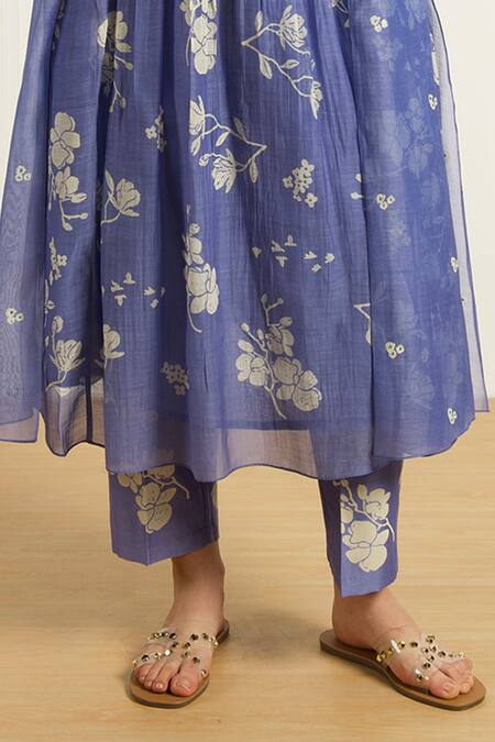 Buy_Arcvsh By Pallavi Singh_Blue Muslin, Silk Embroidery Round Twilight Pleated Tunic And Printed Pants Set _Online_at_Aza_Fashions