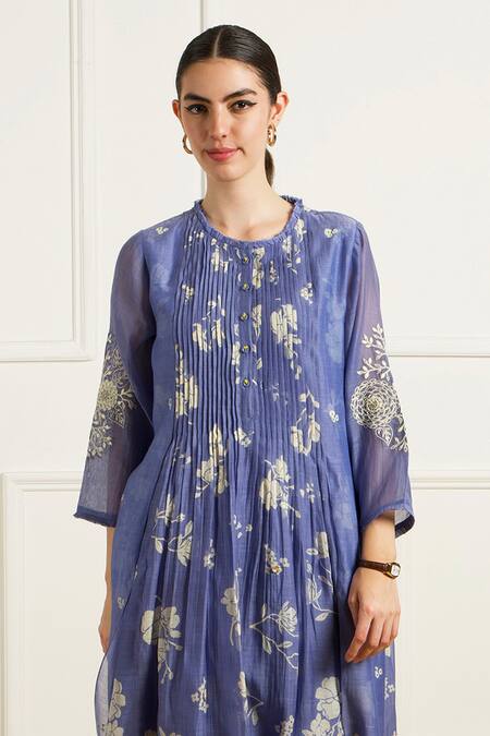 Shop_Arcvsh By Pallavi Singh_Blue Muslin, Silk Embroidery Round Twilight Pleated Tunic And Printed Pants Set _Online_at_Aza_Fashions