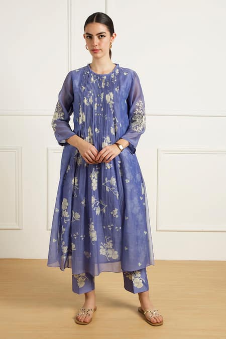 Buy_Arcvsh By Pallavi Singh_Blue Muslin, Silk Embroidery Round Twilight Pleated Tunic And Printed Pants Set 