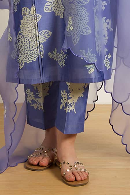 Arcvsh By Pallavi Singh_Blue Silk, Chanderi, Organza Twilight Pleated Tunic And Printed Pants Set _Online_at_Aza_Fashions