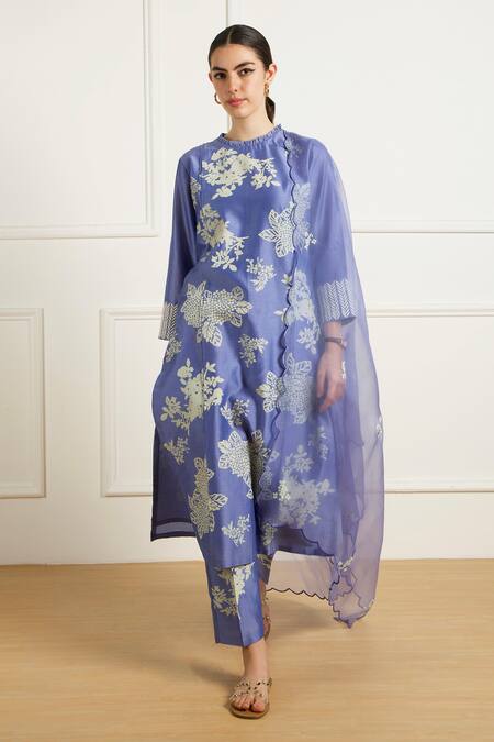 Buy_Arcvsh By Pallavi Singh_Blue Silk, Chanderi, Organza Twilight Pleated Tunic And Printed Pants Set _Online_at_Aza_Fashions