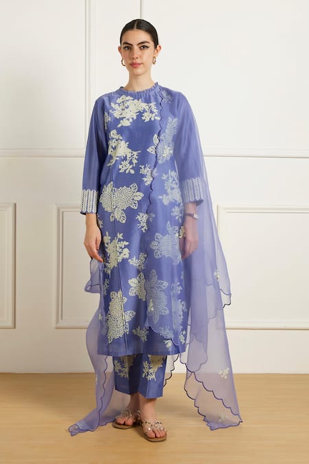 Arcvsh by Pallavi Singh Blue Twilight Pleated Tunic And Printed Pants Set 