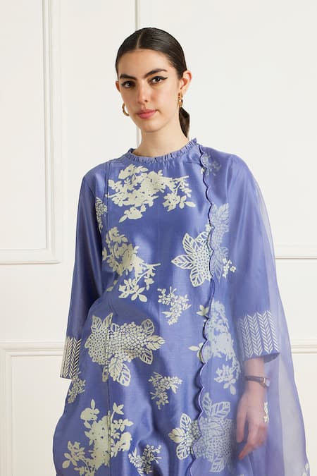 Shop_Arcvsh By Pallavi Singh_Blue Silk, Chanderi, Organza Twilight Pleated Tunic And Printed Pants Set _Online_at_Aza_Fashions