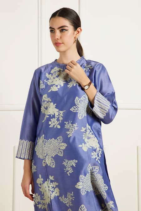 Arcvsh By Pallavi Singh_Blue Silk, Chanderi, Organza Twilight Pleated Tunic And Printed Pants Set _at_Aza_Fashions