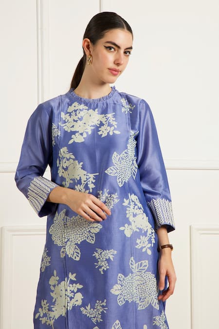 Buy_Arcvsh By Pallavi Singh_Blue Silk, Chanderi, Organza Twilight Pleated Tunic And Printed Pants Set 