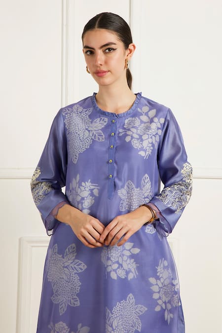 Buy Arcvsh By Pallavi Singh Blue Silk, Chanderi, Organza Embroidery Round Twilight Double Layer Tunic Set Buy_Arcvsh By Pallavi Singh_Blue Silk, Chanderi, Organza Embroidery Round Twilight Double Layer Tunic Set