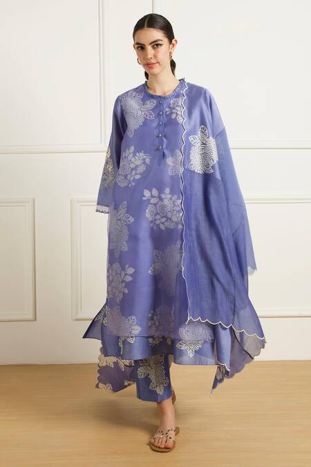 Shop Arcvsh By Pallavi Singh Blue Silk, Chanderi, Organza Embroidery Round Twilight Double Layer Tunic Set Online at Aza Fashions Shop_Arcvsh By Pallavi Singh_Blue Silk, Chanderi, Organza Embroidery Round Twilight Double Layer Tunic Set _Online_at_Aza_Fashions