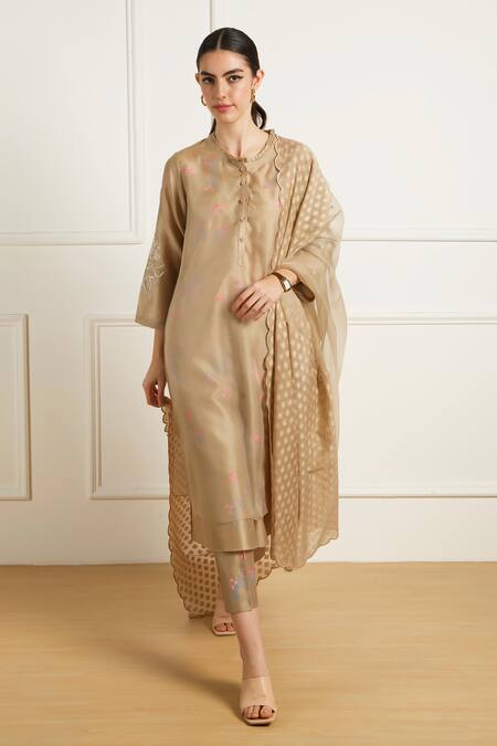 Buy Arcvsh By Pallavi Singh Beige Silk, Chanderi, Organza Embroidery Round Neck, Button-down Dori Kurta Set Online at Aza Fashions Buy_Arcvsh By Pallavi Singh_Beige Silk, Chanderi, Organza Embroidery Round Neck, Button-down Dori Kurta Set _Online_at_Aza_Fashions