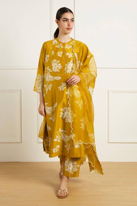 Arcvsh By Pallavi Singh Yellow Silk, Chanderi Embroidery Round Neck Ochre Discharge Print Kurta Set Online at Aza Fashions Arcvsh By Pallavi Singh_Yellow Silk, Chanderi Embroidery Round Neck Ochre Discharge Print Kurta Set _Online_at_Aza_Fashions