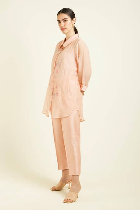 Arcvsh By Pallavi Singh_Rose Gold Muslin, Silk, Chanderi Embroidery Collared Shirt And Pant Set _Online_at_Aza_Fashions