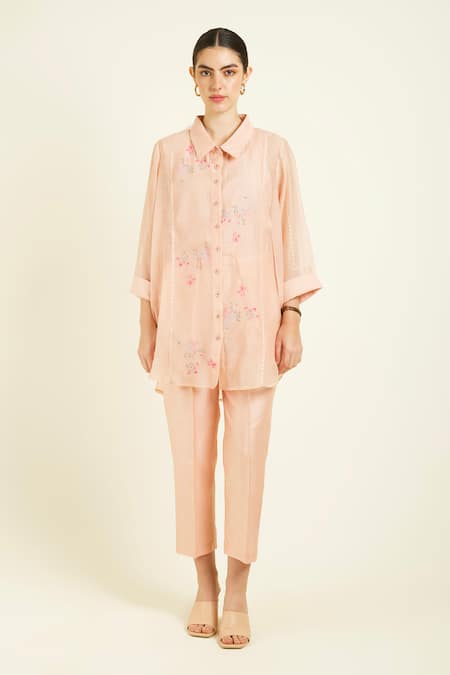 Buy_Arcvsh By Pallavi Singh_Rose Gold Muslin, Silk, Chanderi Embroidery Collared Shirt And Pant Set _Online_at_Aza_Fashions