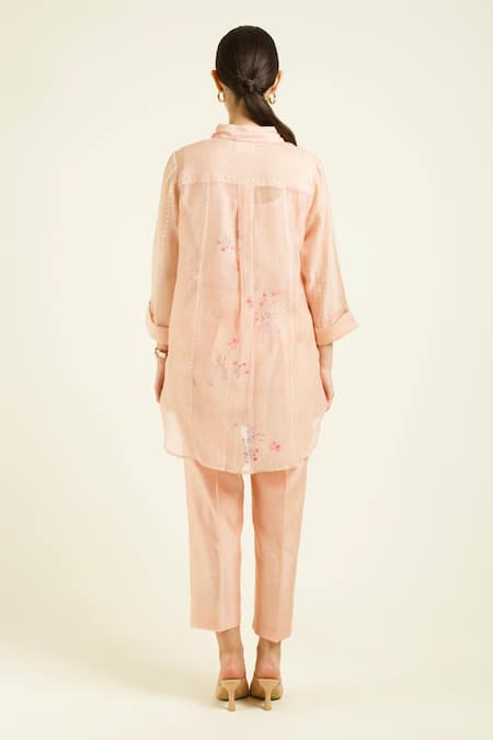 Shop_Arcvsh By Pallavi Singh_Rose Gold Muslin, Silk, Chanderi Embroidery Collared Shirt And Pant Set _at_Aza_Fashions