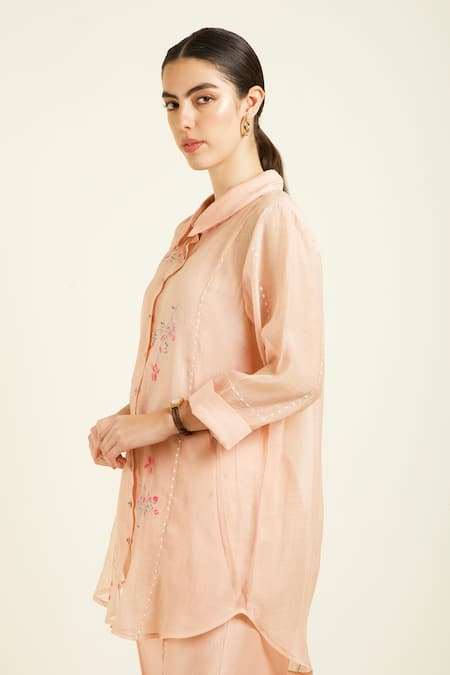 Shop_Arcvsh By Pallavi Singh_Rose Gold Muslin, Silk, Chanderi Embroidery Collared Shirt And Pant Set _Online_at_Aza_Fashions