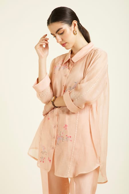 Arcvsh By Pallavi Singh_Rose Gold Muslin, Silk, Chanderi Embroidery Collared Shirt And Pant Set _at_Aza_Fashions