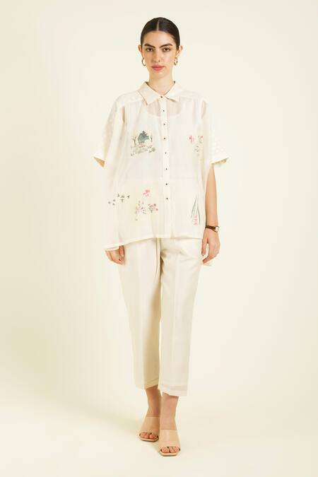 Arcvsh By Pallavi Singh_Ivory Mohair, Silk, Chanderi Embroidery Handblock Printed Kaftan Pant Set _Online_at_Aza_Fashions