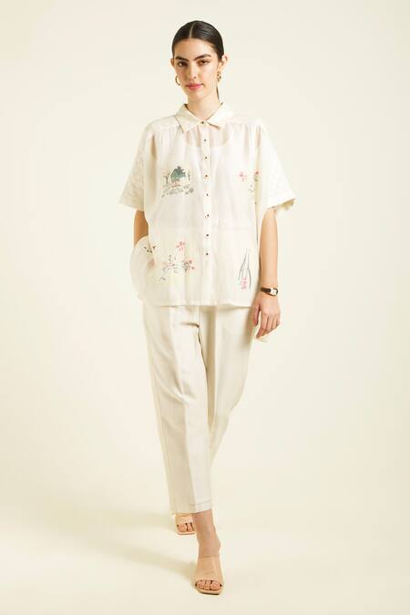 Buy_Arcvsh By Pallavi Singh_Ivory Mohair, Silk, Chanderi Embroidery Handblock Printed Kaftan Pant Set _Online_at_Aza_Fashions