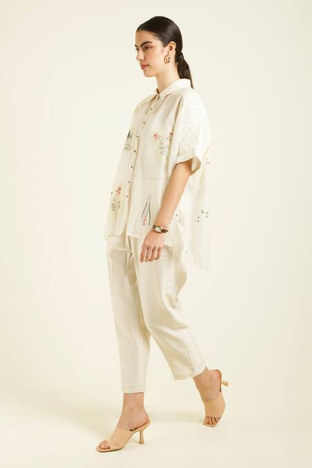 Shop_Arcvsh By Pallavi Singh_Ivory Mohair, Silk, Chanderi Embroidery Handblock Printed Kaftan Pant Set _Online_at_Aza_Fashions
