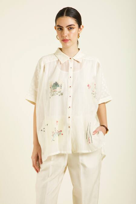 Arcvsh By Pallavi Singh_Ivory Mohair, Silk, Chanderi Embroidery Handblock Printed Kaftan Pant Set _at_Aza_Fashions