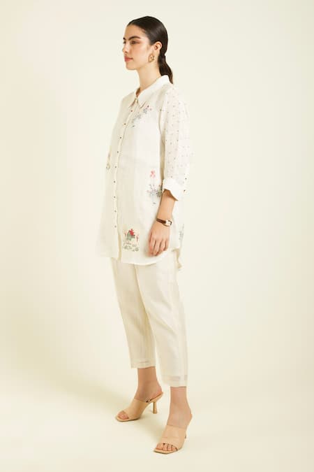Arcvsh By Pallavi Singh_Ivory Gabardine, Silk, Chanderi Embroidery Collared Hand Pant Set _Online_at_Aza_Fashions