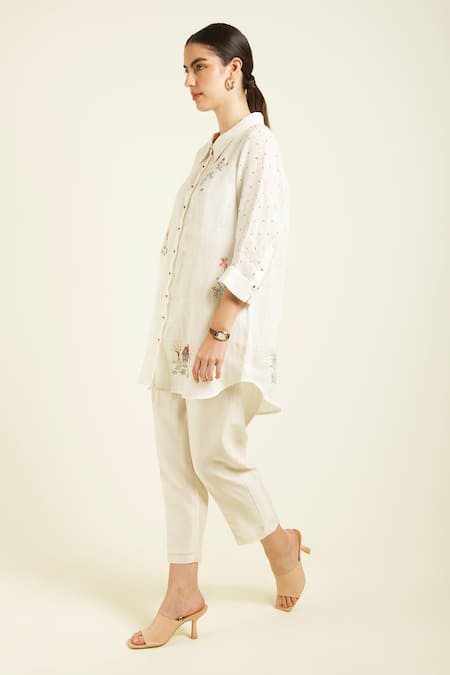 Buy_Arcvsh By Pallavi Singh_Ivory Gabardine, Silk, Chanderi Embroidery Collared Hand Pant Set _Online_at_Aza_Fashions