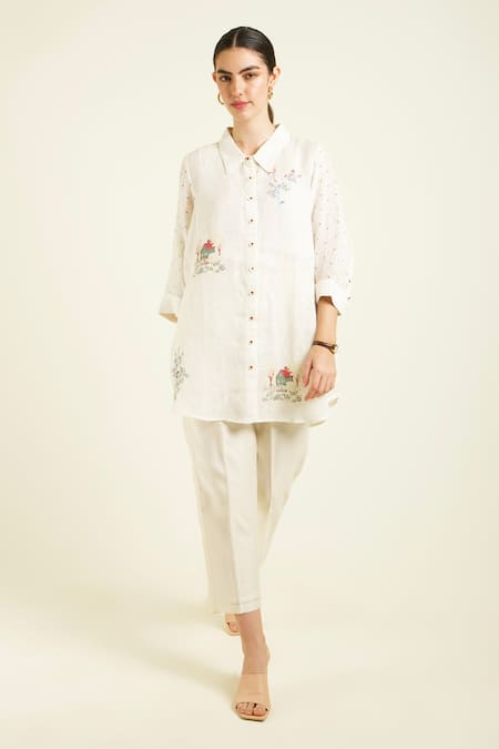 Shop_Arcvsh By Pallavi Singh_Ivory Gabardine, Silk, Chanderi Embroidery Collared Hand Pant Set _Online_at_Aza_Fashions